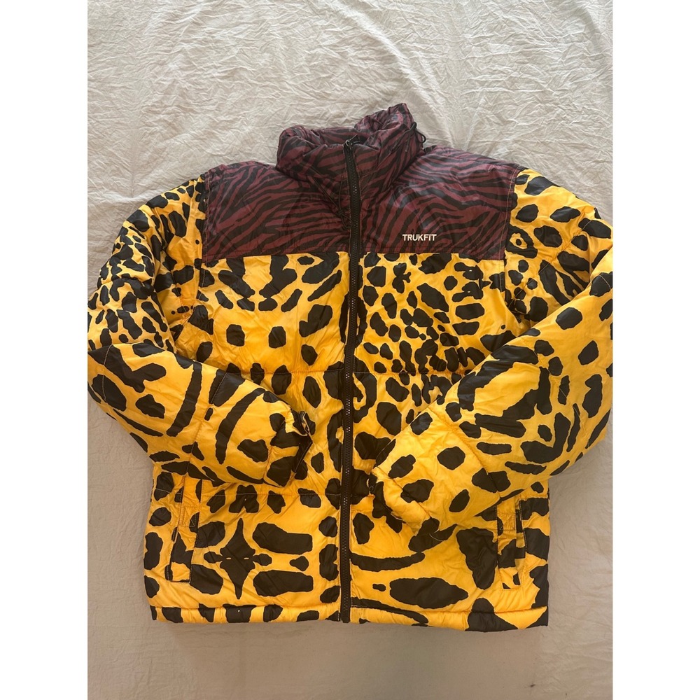 Trukfit Respect Few Puffer Jacket Yellow Leopard Burgundy Zebra Print Mens Small